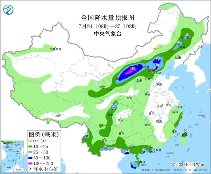 图3 全国降水量预报图(7月24日08时-25日08时) 。图片来源:中央气象台网站